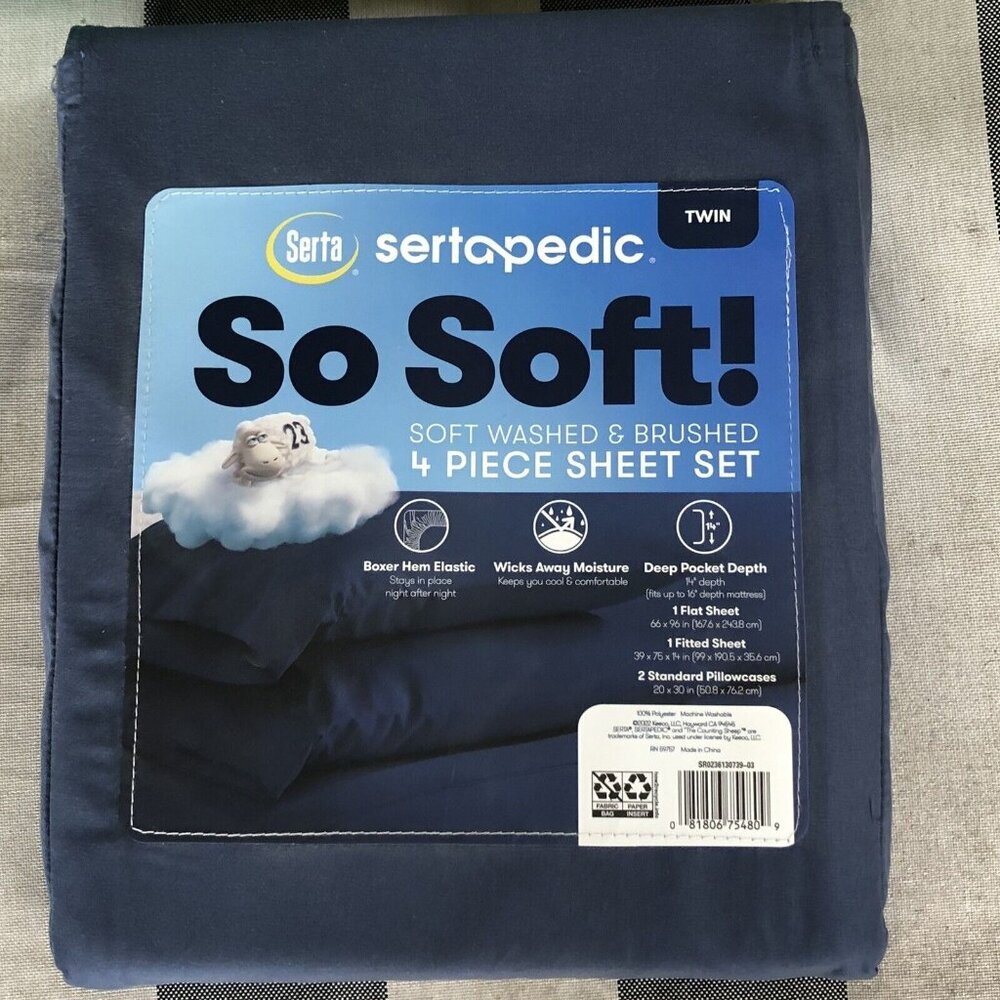 Serta So Soft 4-Piece Blue Twin Bed Sheet Set Soft Washed & Brushed Deep Pockets
